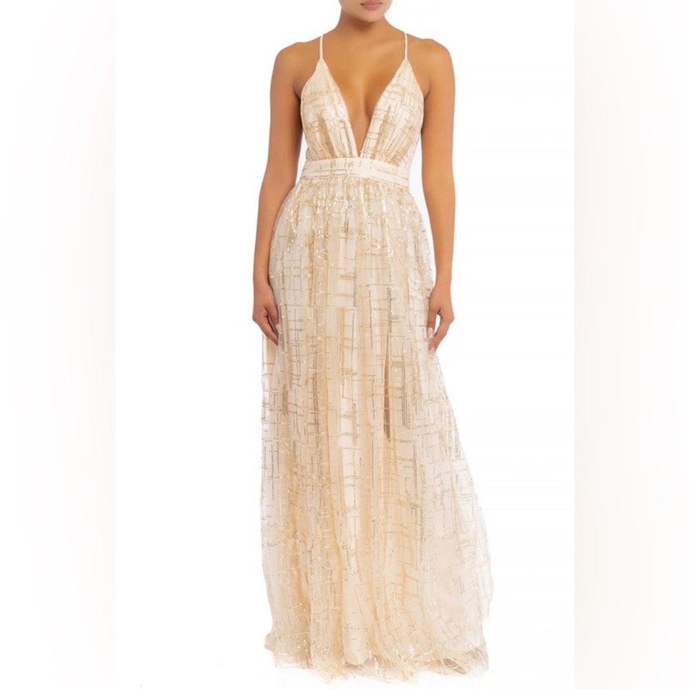 ELEGANT GOLD SEQUIN GLITTER BAROQUE STRAP DEEP V-NECK GOWN PROM WEDDING DRESS S